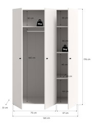 Weißer 3-türiger Kleiderschrank in Frontansicht mit geöffneten Türen, links Kleiderstange und Ablage, rechts mehrere Einlegeböden; Maße ca. 176 x 120 x 51 cm, Fachhöhen 30/46/46/44 cm, Ablagen bis 5 kg belastbar.