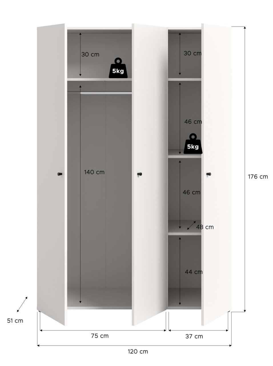 Weißer 3-türiger Kleiderschrank in Frontansicht mit geöffneten Türen, links Kleiderstange und Ablage, rechts mehrere Einlegeböden; Maße ca. 176 x 120 x 51 cm, Fachhöhen 30/46/46/44 cm, Ablagen bis 5 kg belastbar.