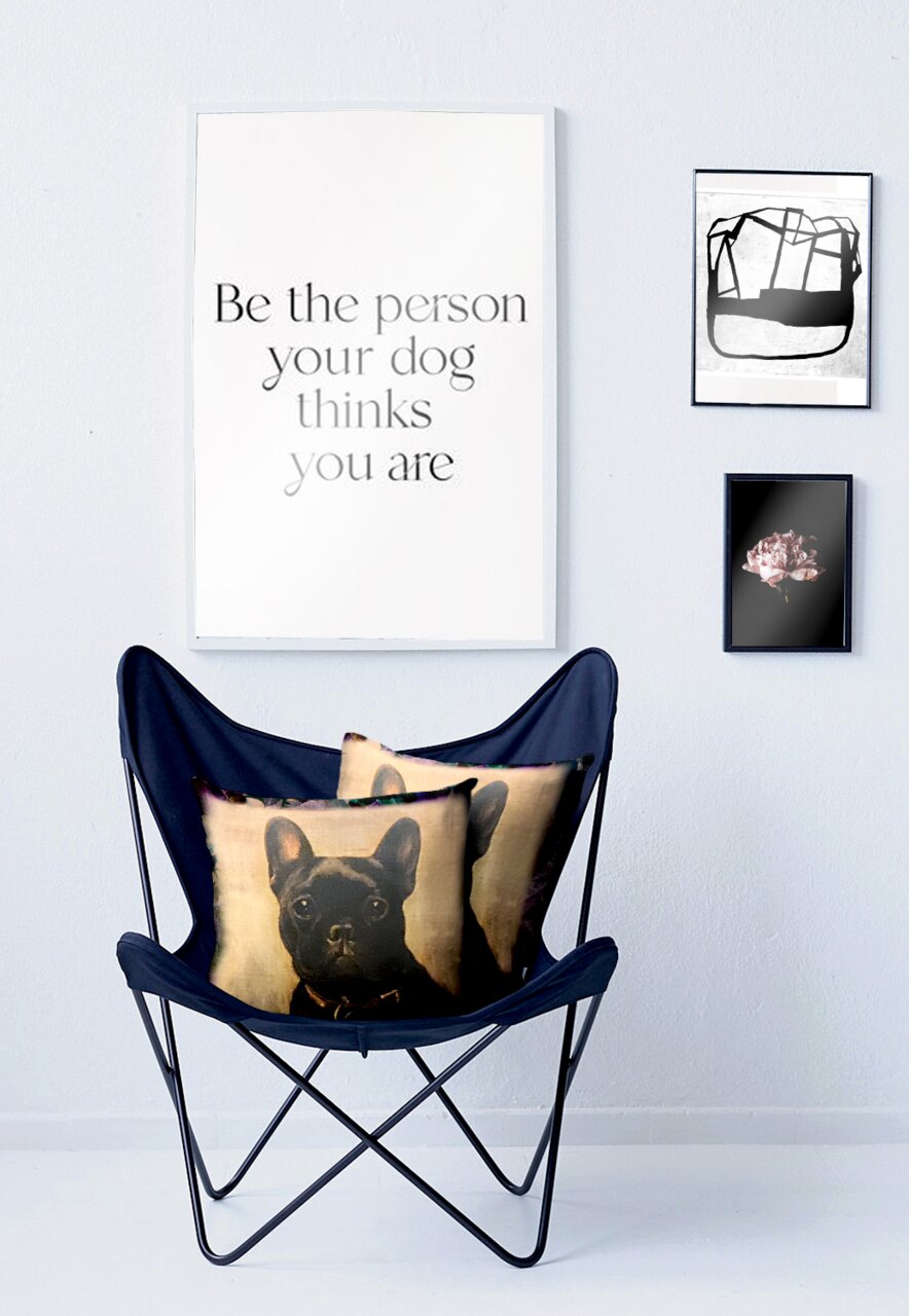 Apelt Kissenhülle 46X46 Kissenhülle 46x46 cm mit Hundemotiv auf einem blauen Stuhl, frontal fotografiert.