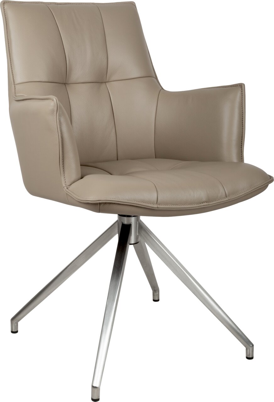 Beiger, gepolsterter Drehstuhl mit Armlehnen und Metallkreuzfuß, Ansicht schräg von vorne links