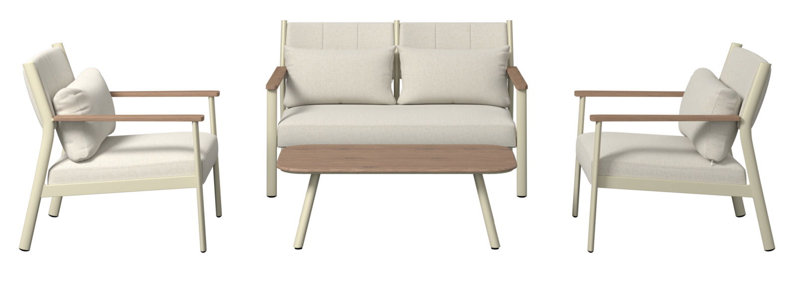 Gartenlounge-Set bestehend aus einem Zweisitzer-Sofa, zwei Sesseln und einem rechteckigen Couchtisch, frontal betrachtet.