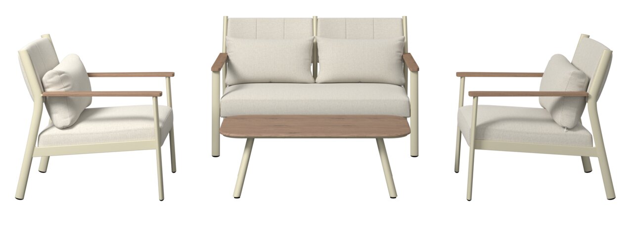 Gartenlounge-Set bestehend aus einem Zweisitzer-Sofa, zwei Sesseln und einem rechteckigen Couchtisch, frontal betrachtet.