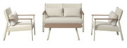 Gartenlounge-Set bestehend aus einem Zweisitzer-Sofa, zwei Sesseln und einem rechteckigen Couchtisch, frontal betrachtet.