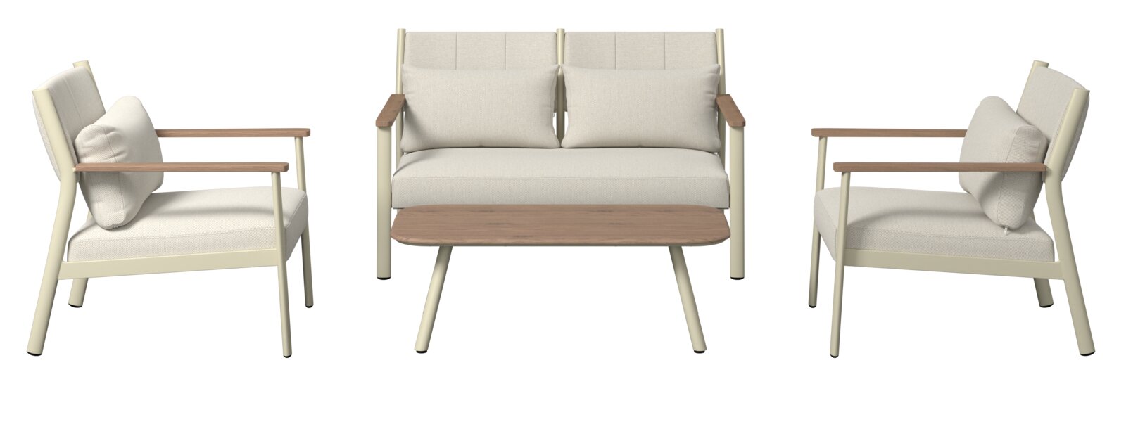 Gartenlounge-Set bestehend aus einem Zweisitzer-Sofa, zwei Sesseln und einem rechteckigen Couchtisch, frontal betrachtet.