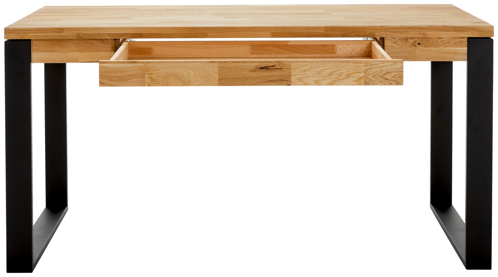 Moderner Schreibtisch aus Holz mit schwarzem Metallgestell und offener Schublade, Frontalansicht.