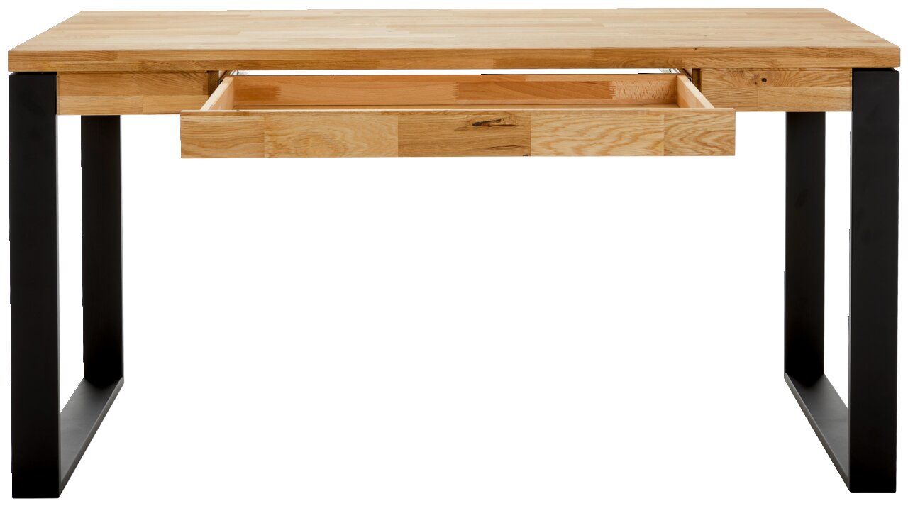 Moderner Schreibtisch aus Holz mit schwarzem Metallgestell und offener Schublade, Frontalansicht.