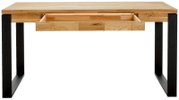 Moderner Schreibtisch aus Holz mit schwarzem Metallgestell und offener Schublade, Frontalansicht.