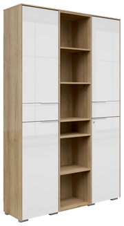 Aktenschrank Kombination mit zwei Türen und offenen Regalfächern, Perspektive von vorne links