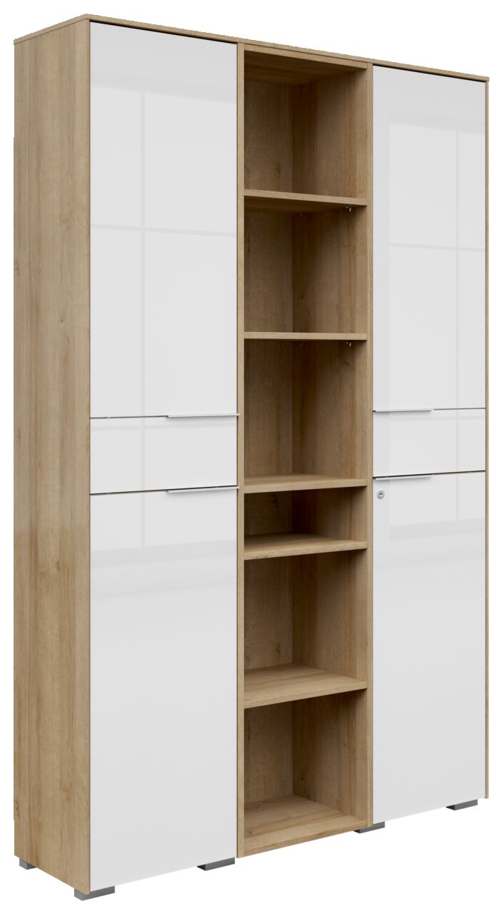 Aktenschrank Kombination mit zwei Türen und offenen Regalfächern, Perspektive von vorne links