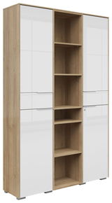 Aktenschrank Kombination mit zwei Türen und offenen Regalfächern, Perspektive von vorne links