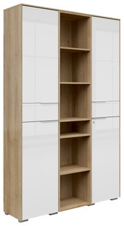 Archiefkastcombinatie met twee deuren en open legplanken, aanzicht van linksvoor