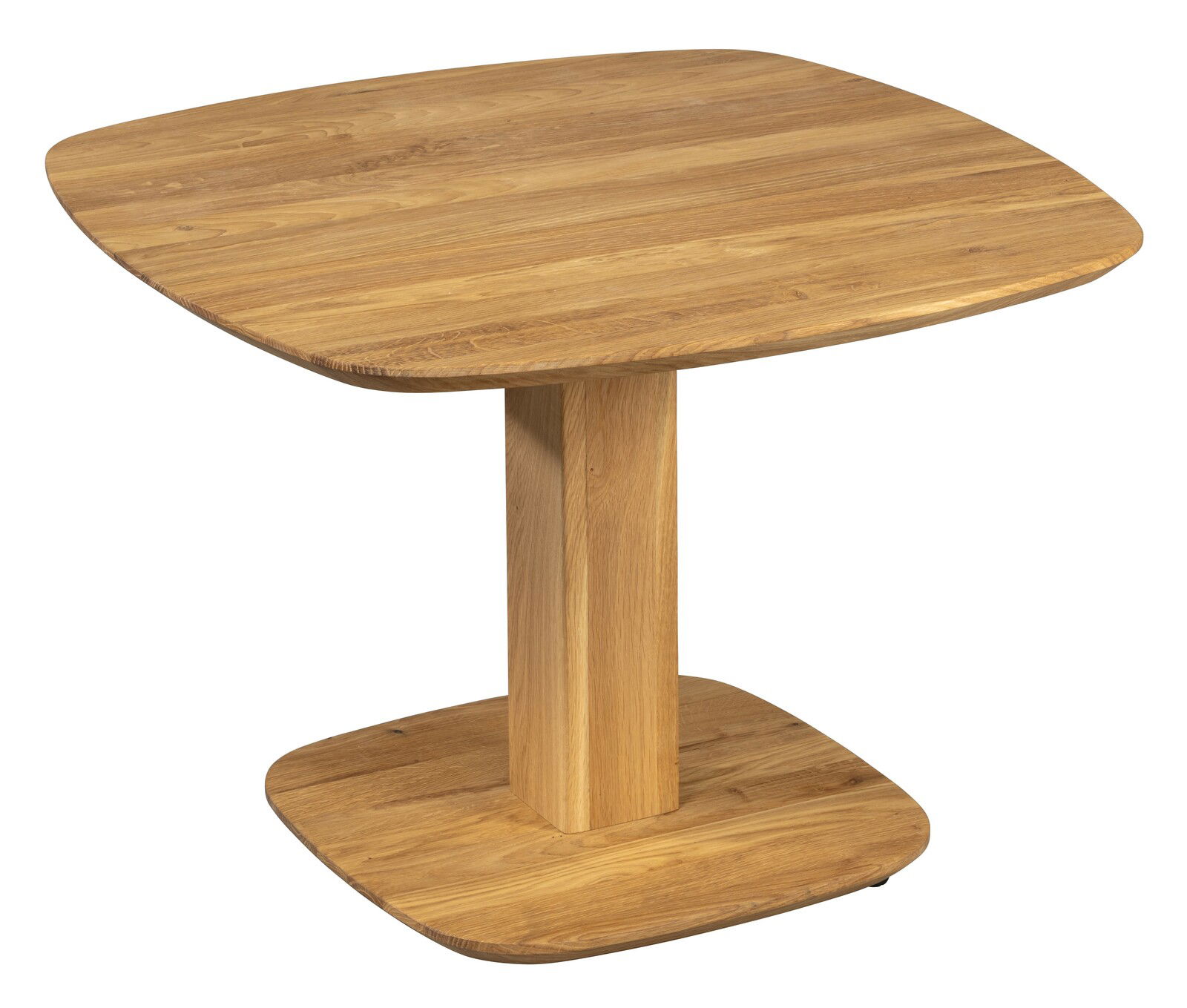 Moderner Couchtisch aus Holz mit quadratischer Tischplatte und zentralem Standfuß, seitliche Perspektive