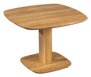 Moderner Couchtisch aus Holz mit quadratischer Tischplatte und zentralem Standfuß, seitliche Perspektive