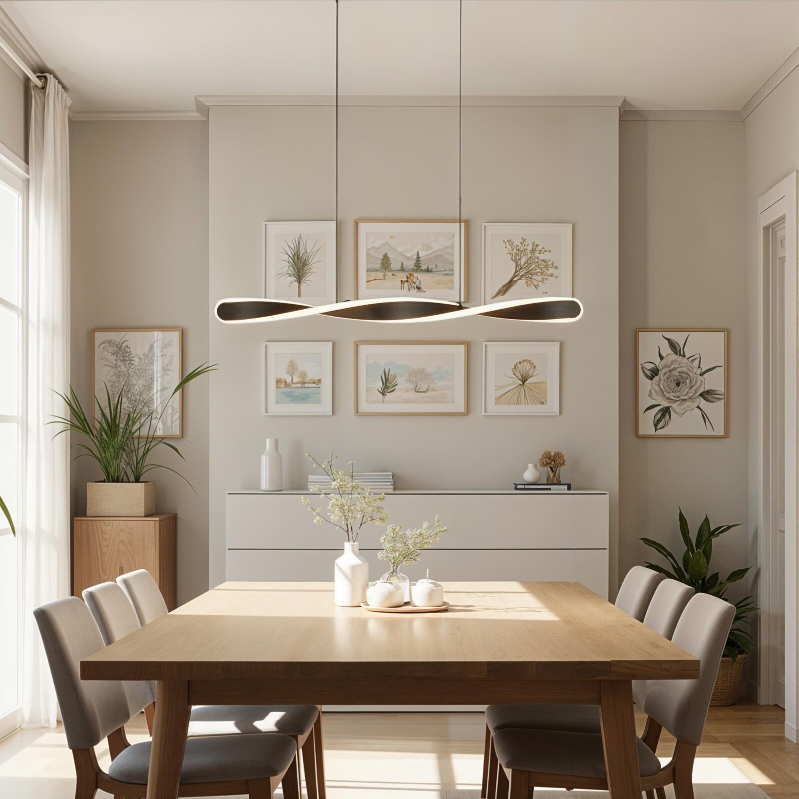 Moderne, gebogen LED-hanglamp in zwart met warmwit licht boven een lichte houten tafel in een stijlvolle eetkamer, gezien van voren.
