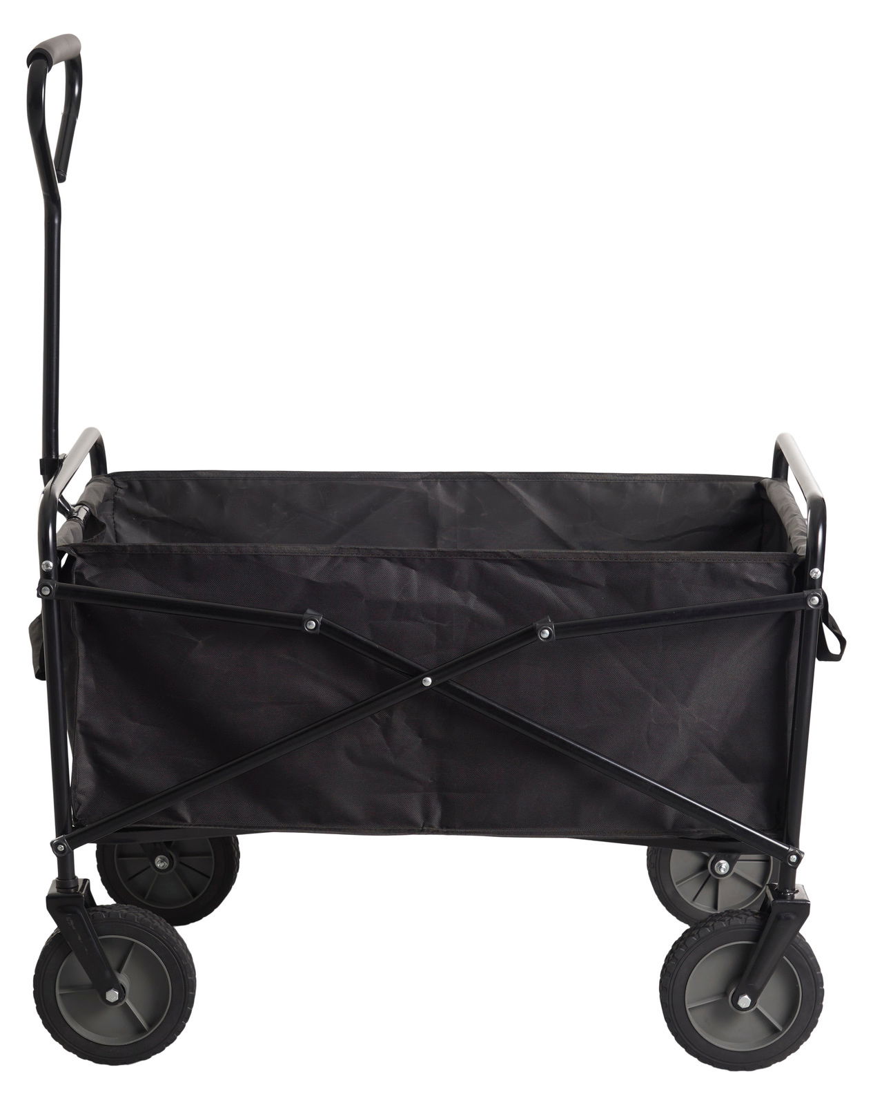 Schwarzer faltbarer Bollerwagen mit vier Rädern, seitlicher Perspektive