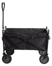 Schwarzer faltbarer Bollerwagen mit vier Rädern, seitlicher Perspektive
