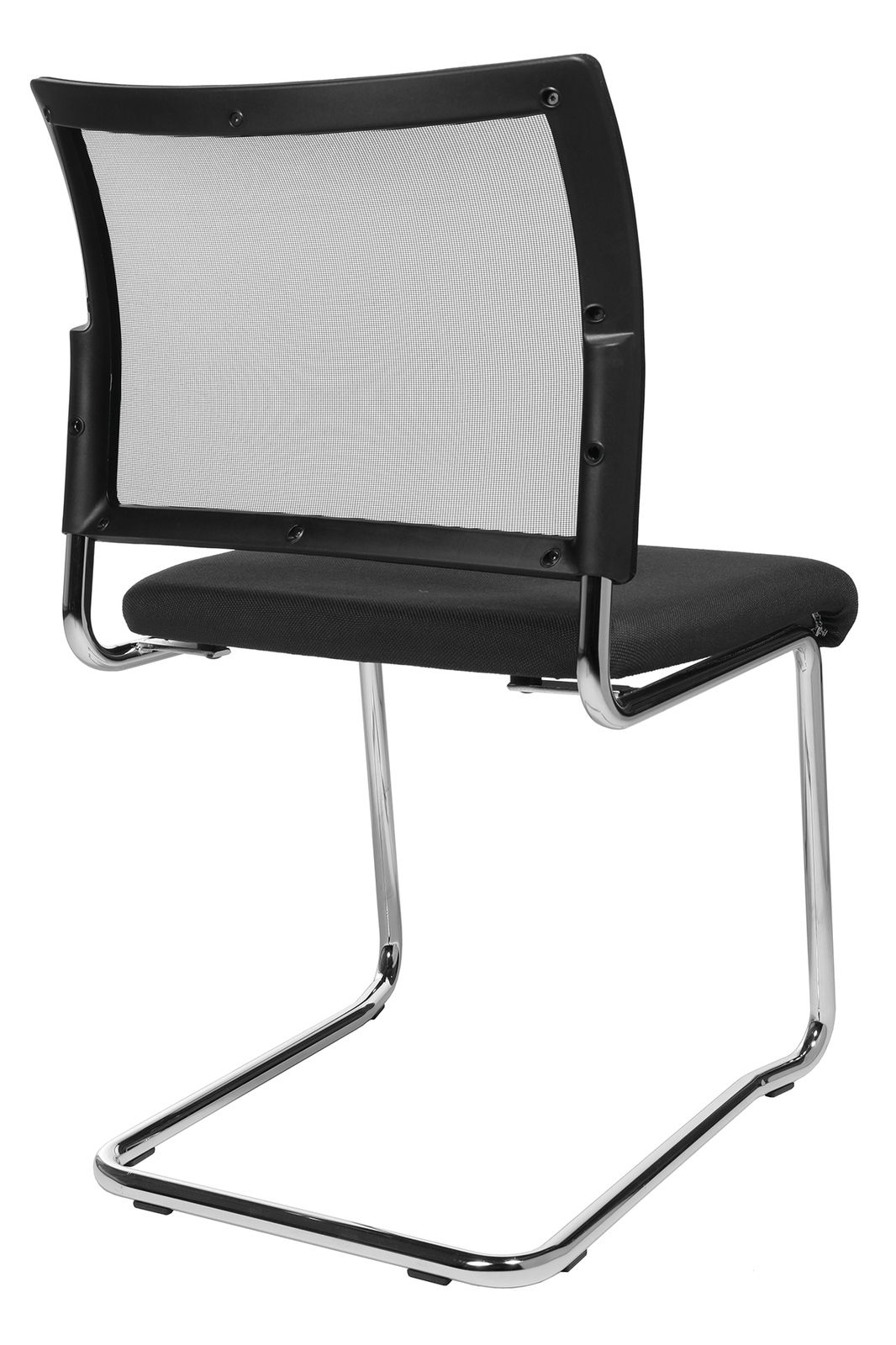 Rückansicht eines modernen Besucher-Schwingstuhls mit schwarzem Netzrücken und verchromtem Gestell.