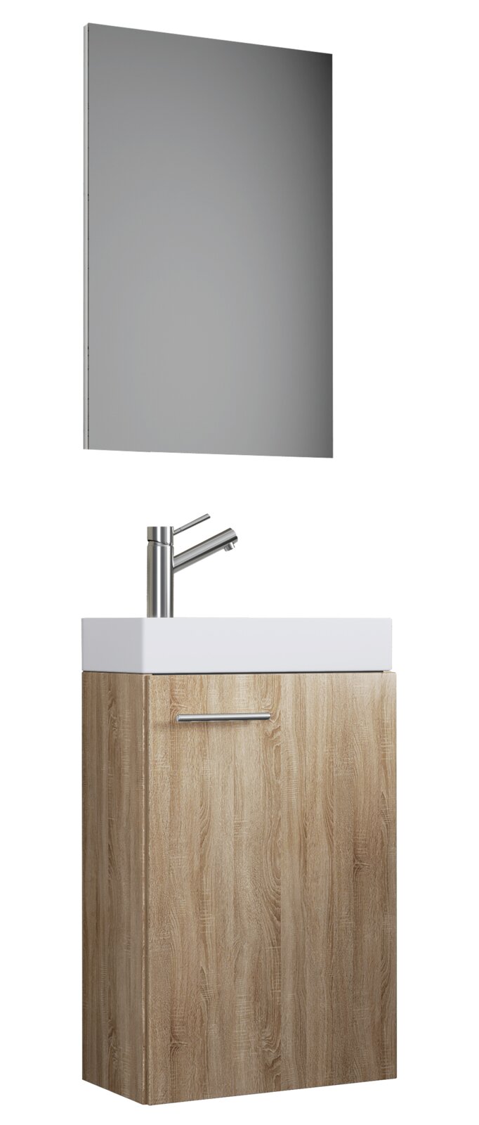 VCM 3-tlg. Gäste-Waschplatz SLITO Modernes Badmöbel-Set mit rechteckigem Spiegel, Holz-Waschtischunterschrank in Eiche-Optik, weißem Aufsatzwaschbecken und verchromter Armatur, Ansicht schräg von vorne vor weißem Hintergrund