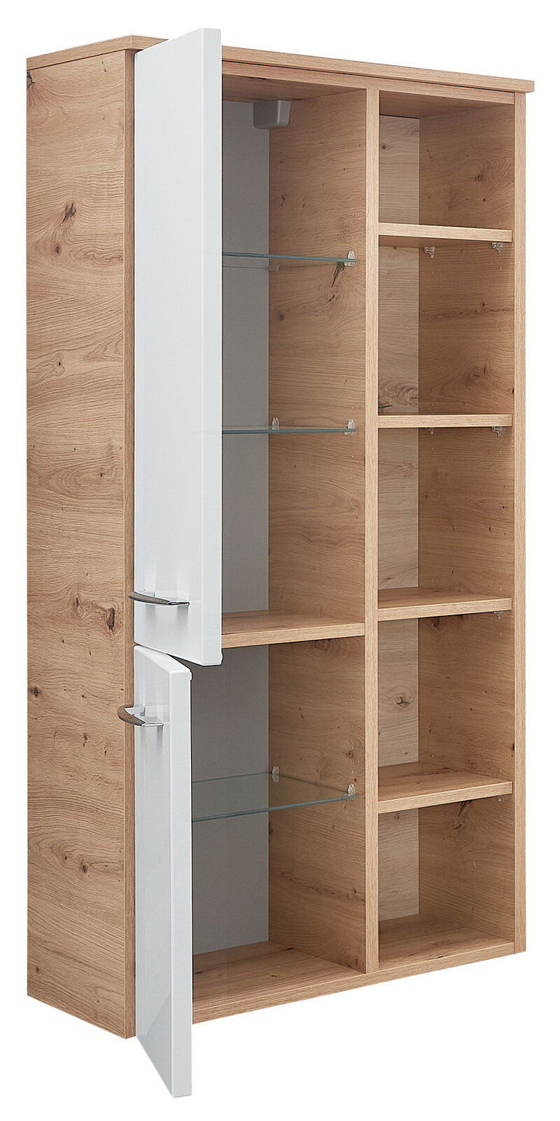 Midischrank aus Holz mit offenen und geschlossenen Fächern, Frontansicht