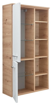 Midischrank aus Holz mit offenen und geschlossenen Fächern, Frontansicht