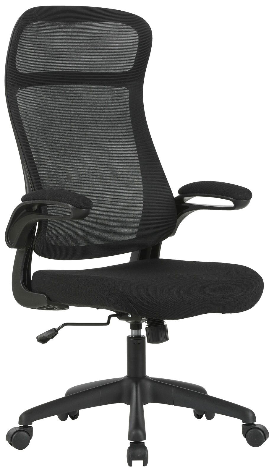 Schwarzer Drehstuhl mit Netzrückenlehne und Armlehnen, seitliche Perspektive