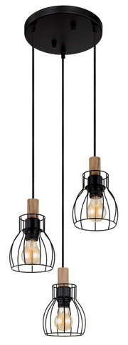 Moderne Hängeleuchte mit drei schwarzen Drahtkäfigen und Holzelementen, aus der Perspektive von unten betrachtet.