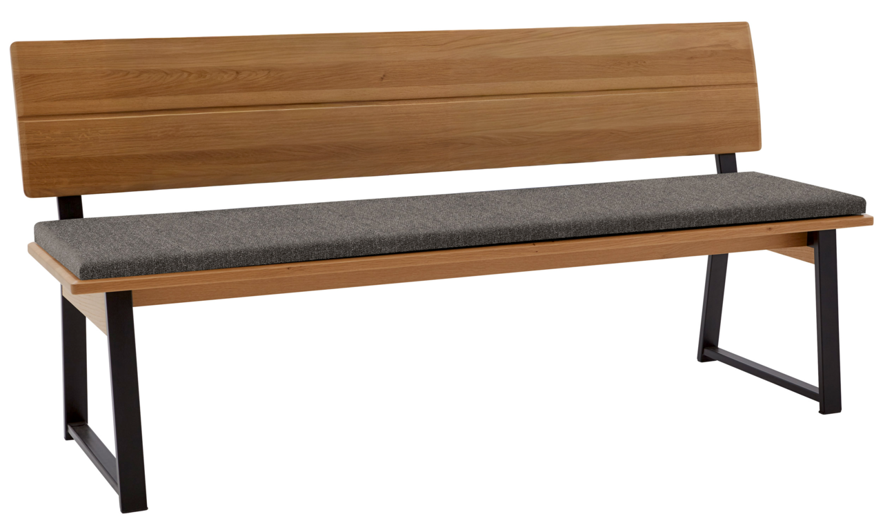 Holzbank mit gepolsterter Sitzfläche und Metallbeinen, seitliche Perspektive