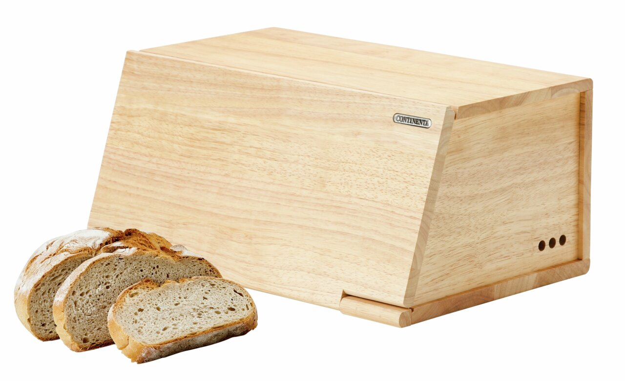 Brotkasten aus Gummibaumholz mit geschnittenem Brot, seitliche Perspektive