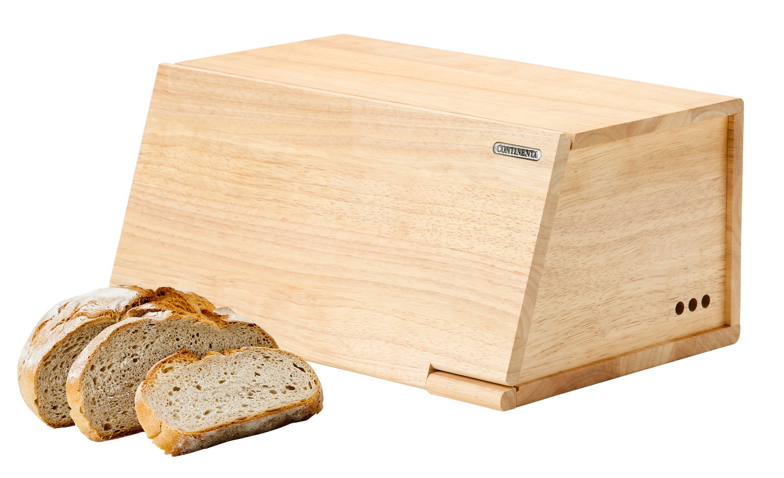Brotkasten aus Gummibaumholz mit geschnittenem Brot, seitliche Perspektive