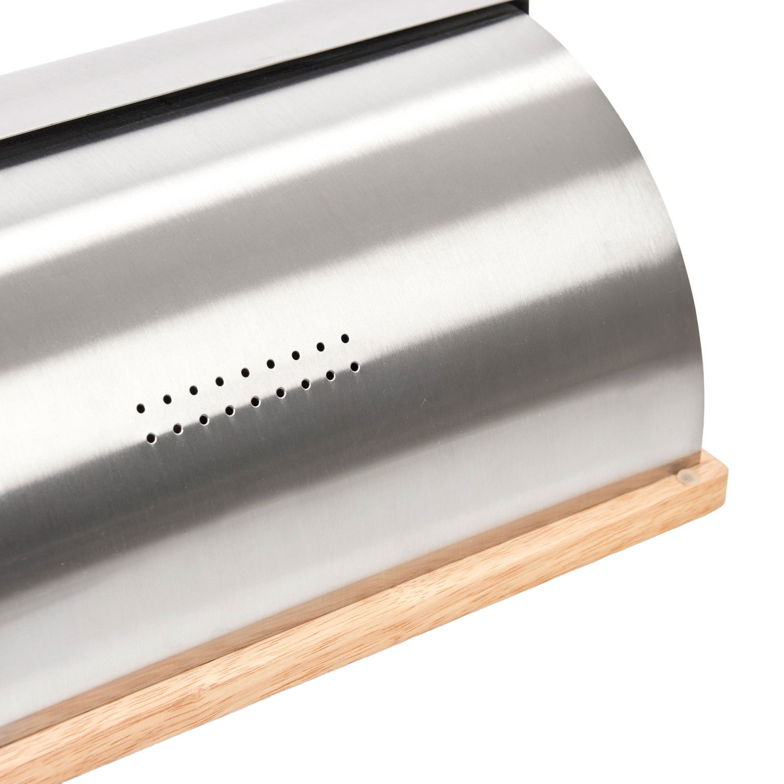 Moderner Brotkasten aus Edelstahl mit Holzsockel, seitliche Perspektive