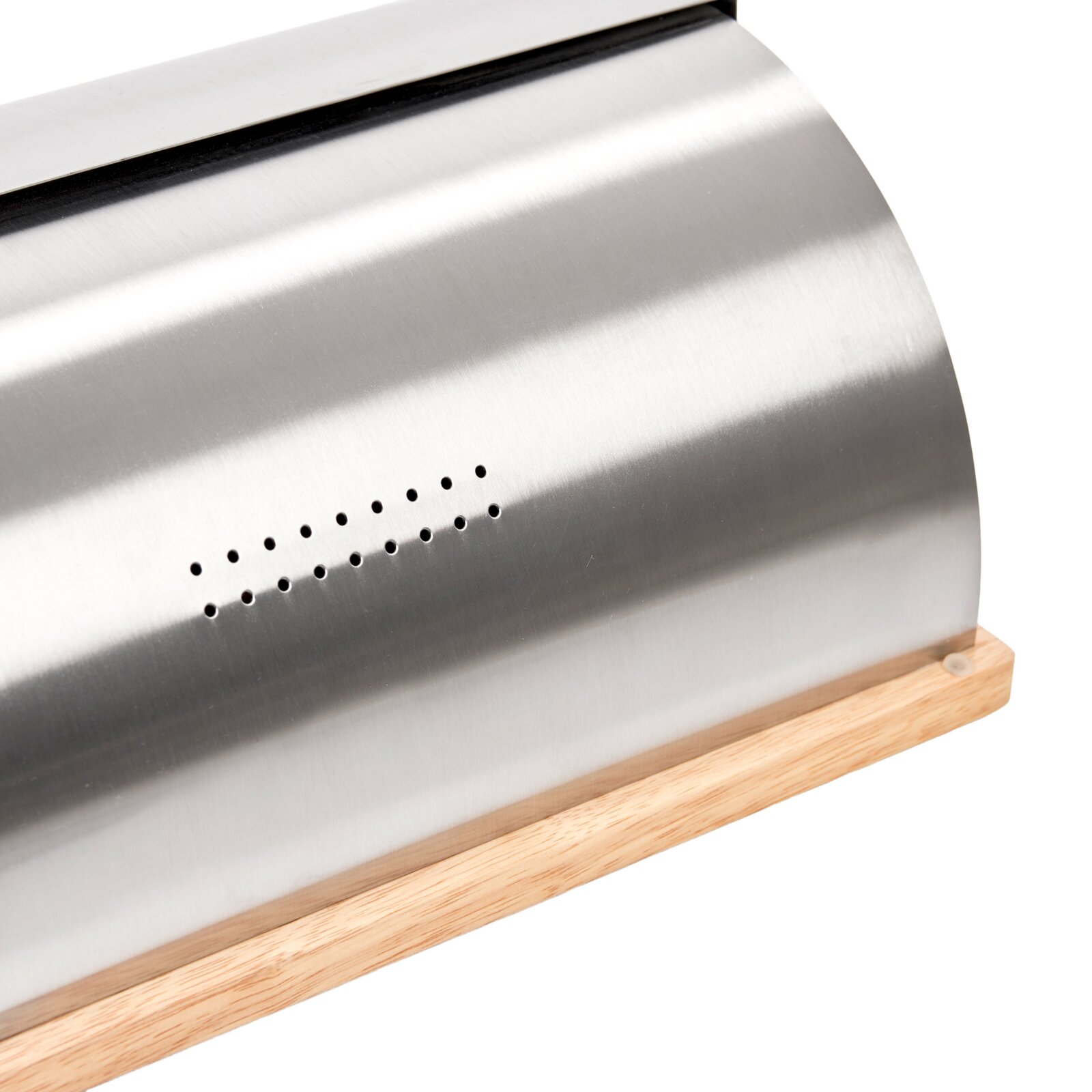 Moderner Brotkasten aus Edelstahl mit Holzsockel, seitliche Perspektive