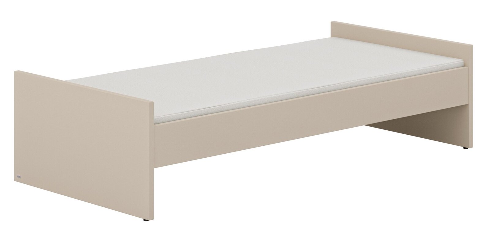 Beiges Bodenbett mit einfacher, moderner Gestaltung, seitliche Perspektive