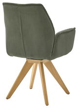 Rückansicht eines grünen Armlehnstuhls mit Holzbeinen, perspektivisch von hinten rechts aufgenommen.