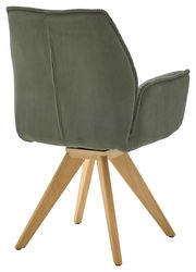 Rückansicht eines grünen Armlehnstuhls mit Holzbeinen, perspektivisch von hinten rechts aufgenommen.