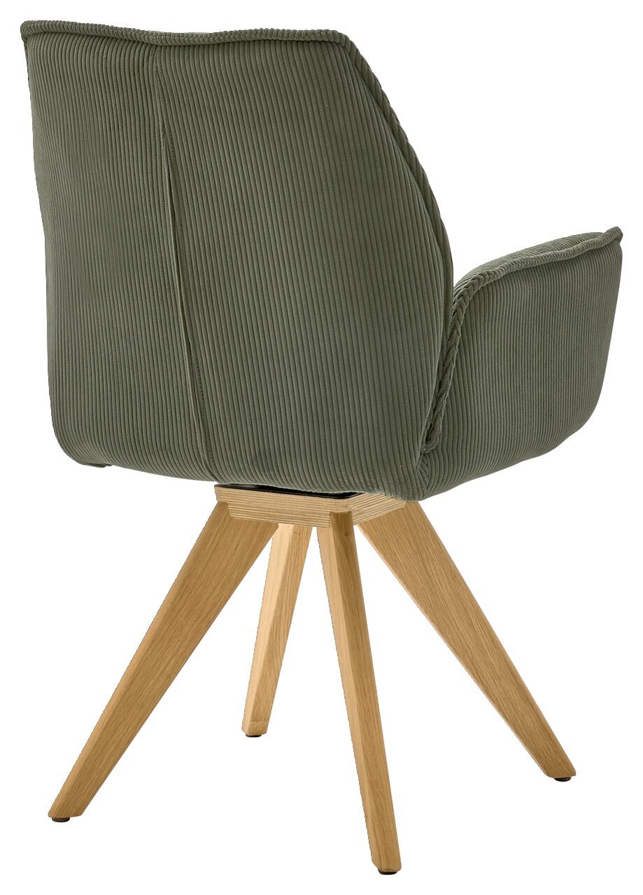 Rückansicht eines grünen Armlehnstuhls mit Holzbeinen, perspektivisch von hinten rechts aufgenommen.