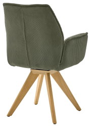 Achterkant van een groene fauteuil met houten poten, in perspectief gefotografeerd vanaf rechtsachter.
