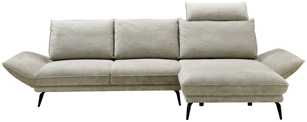 Frontale Ansicht der Longchairkombi ELISA in hellgrauem Stoff mit verstellbaren Armlehnen und schwarzem Metallgestell.