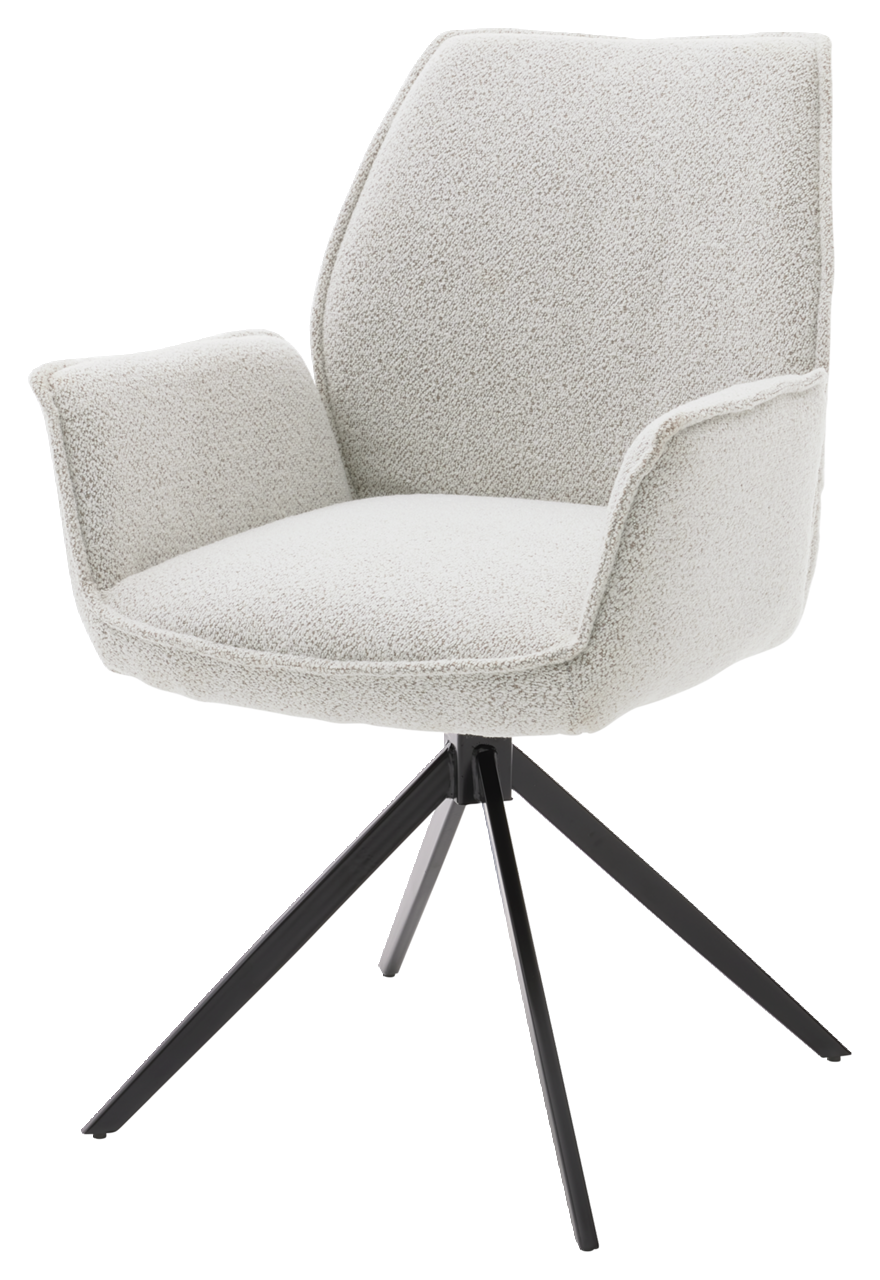 Moderner Armlehnstuhl mit hellem Stoffbezug und schwarzem Metallgestell, seitliche Perspektive