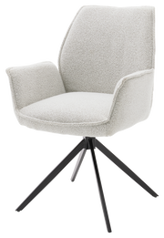 Moderner Armlehnstuhl mit hellem Stoffbezug und schwarzem Metallgestell, seitliche Perspektive