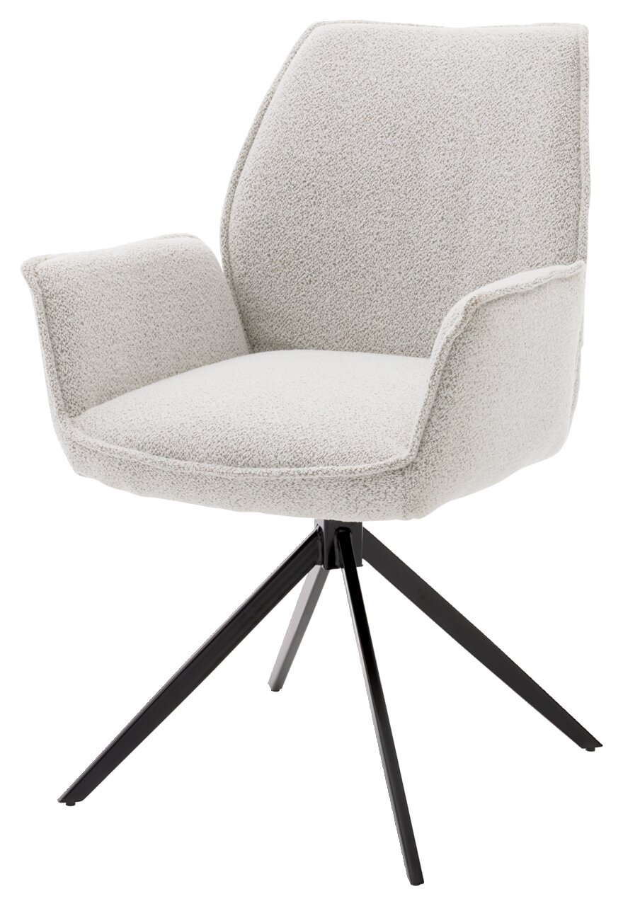 Moderner Armlehnstuhl mit hellem Stoffbezug und schwarzem Metallgestell, seitliche Perspektive