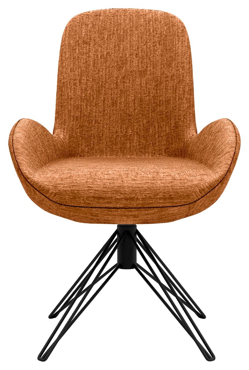 Vorderansicht eines modernen Armlehnstuhls mit braunem Stoffbezug und schwarzem Metallgestell.