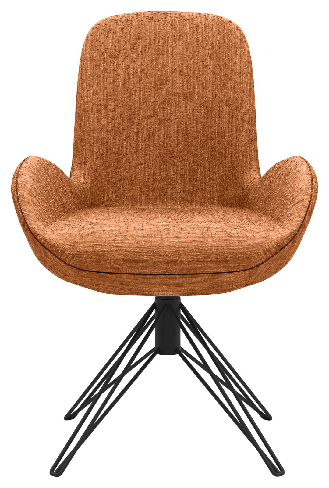 Vorderansicht eines modernen Armlehnstuhls mit braunem Stoffbezug und schwarzem Metallgestell.