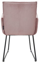Rückansicht eines Armlehnstuhls mit rosa, geripptem Stoffbezug und schwarzen Metallbeinen.