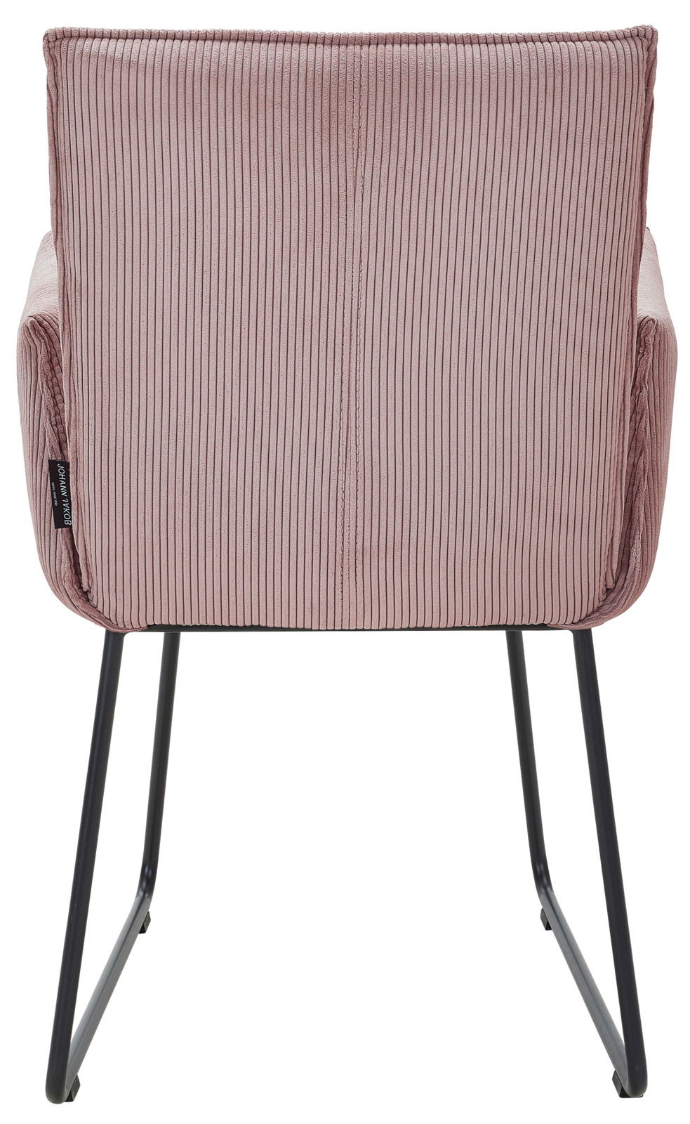 Rückansicht eines Armlehnstuhls mit rosa, geripptem Stoffbezug und schwarzen Metallbeinen.