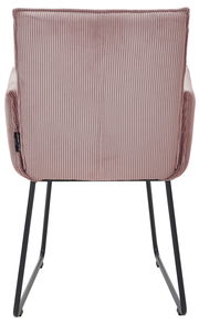 Rückansicht eines Armlehnstuhls mit rosa, geripptem Stoffbezug und schwarzen Metallbeinen.