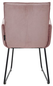 Rückansicht eines Armlehnstuhls mit rosa, geripptem Stoffbezug und schwarzen Metallbeinen.