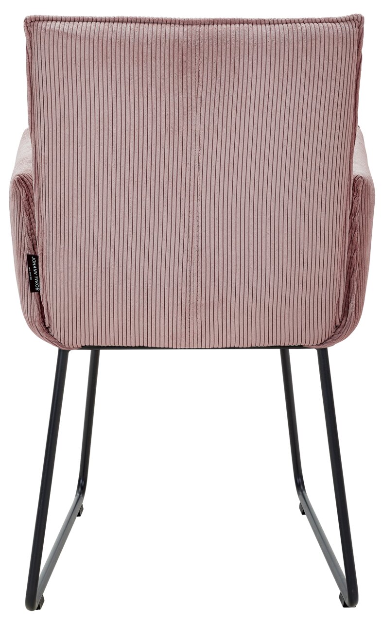 Rückansicht eines Armlehnstuhls mit rosa, geripptem Stoffbezug und schwarzen Metallbeinen.