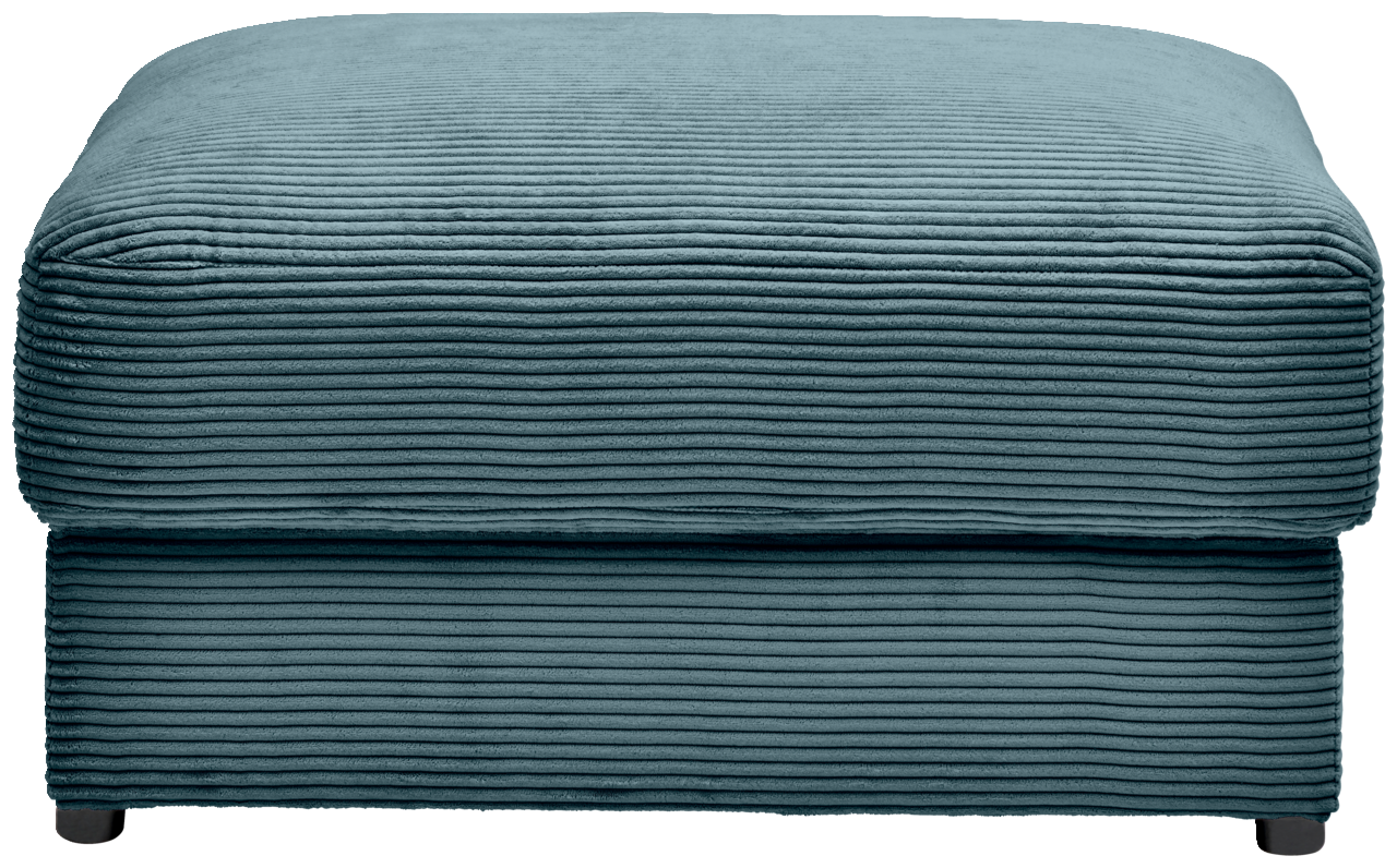 Hocker in türkisfarbenem Cordstoff, frontal fotografiert