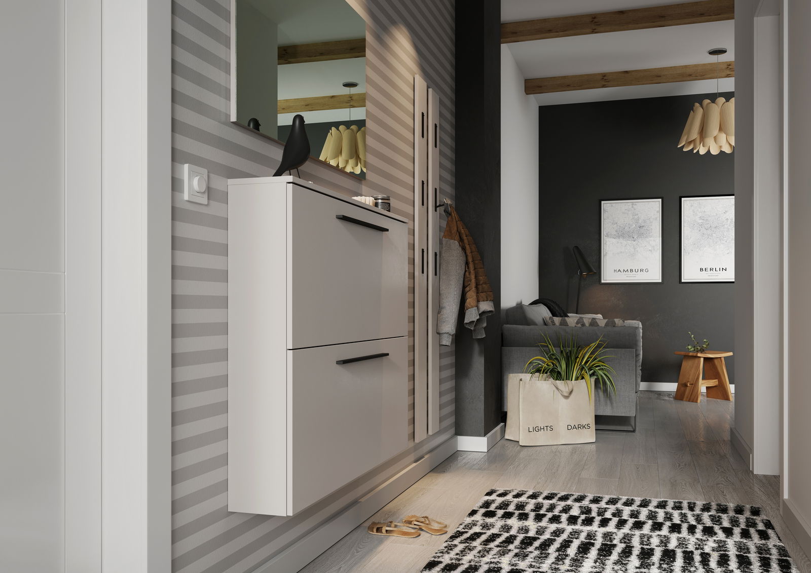 Moderner Schuhschrank in einem stilvollen Flur, seitliche Perspektive.
