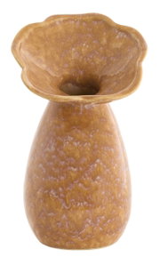 Braune Vase mit blütenförmiger Öffnung, aus der Frontalperspektive fotografiert.